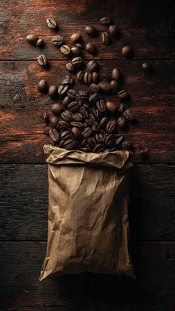 Coffee beans in paper bag on wooden background, top viewの写真素材