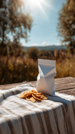 Crispy potato chips and a paper envelope on a wooden tableの写真素材