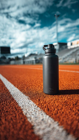 Sports water bottle on the running track in the stadium. Sport conceptの写真素材
