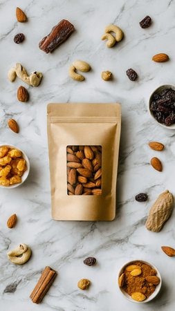 Healthy snacks in paper bagle background, top view.の写真素材