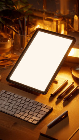 Tablet with blank white screen on wooden table in office, stock photoの写真素材