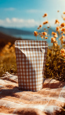 Coffee cup with checkered napkin on the background of mountain landscapeの写真素材