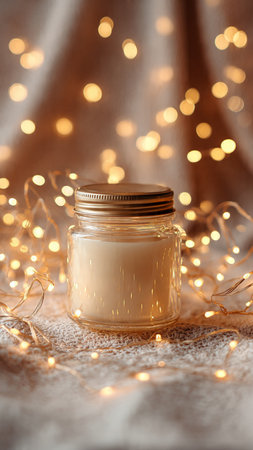 Cosmetic cream in a glass jar on a background of golden lightsの写真素材