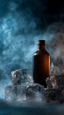 bottle and ice cubes on a dark background with smokeの写真素材