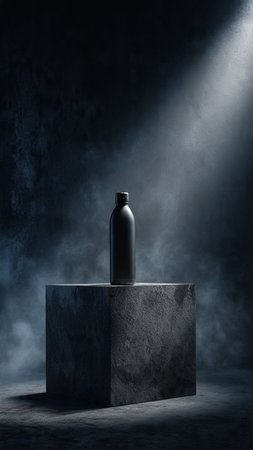 Black bottle of perfume on a concrete pedestal. 3d renderingの写真素材