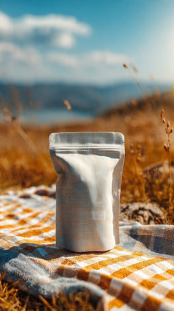 White plastic bag on a checkered plaidの写真素材