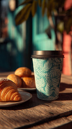 Coffee to go and croissants on a wooden tableの写真素材
