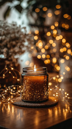 Burning candle in glass holder on wooden table in room with garlandの写真素材