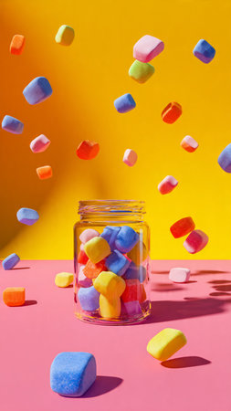 Colorful candies falling into glass jar on pink and yellow backgroundの写真素材