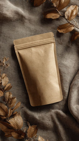 Brown paper bag on linen background with dry autumn leaves, top viewの写真素材