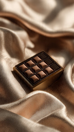 Chocolate on golden satin background, close-up, selective focusの写真素材