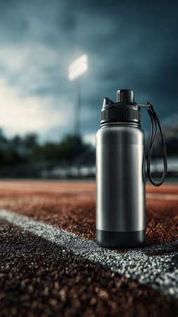 Sport water bottle on a running track. 3D Rendering.の写真素材