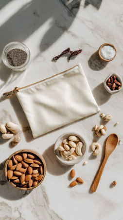 top view of nuts in bowls and textile bagle surface with shadowsの写真素材