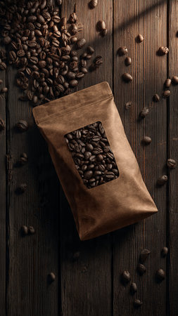 Coffee beans in a paper bag on a wooden background.の写真素材