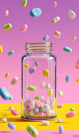Colorful candies falling out of jar on pink and yellow backgroundの写真素材