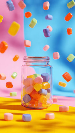 Glass jar with candies falling on color background, closeup. Space for textの写真素材
