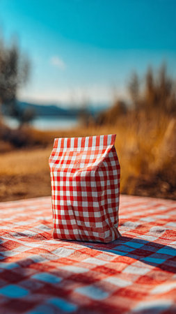 Picnic blanket on a checkered tablecloth in the countrysideの写真素材