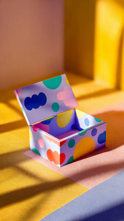 Opened gift box with colorful paper hearts on a colorful background.の写真素材