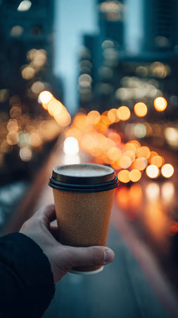 A man holding a paper cup of coffee in the city at nightの写真素材