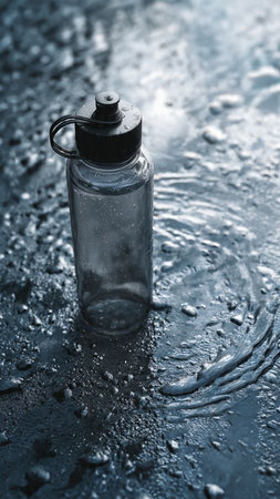 Bottle of water on a wet surface. Shallow depth of field. Toned.の写真素材