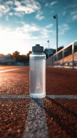 Bottle of water on the running track at sunset. Sport backgroundの写真素材
