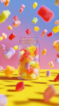 Jelly candies in glass jar with flying confetti on colorful backgroundの写真素材
