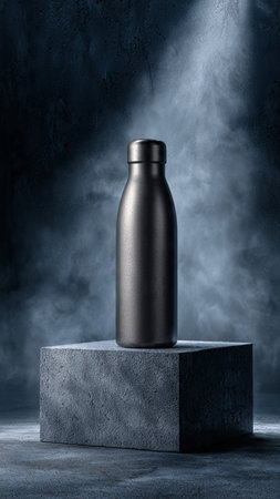 Black bottle of water on concrete pedestal with smoke on dark backgroundの写真素材