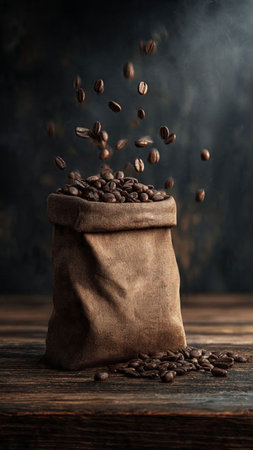coffee beans in a bag on a dark wooden background with smokeの写真素材