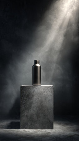 Bottle on concrete pedestal with spotlights and smoke on dark backgroundの写真素材