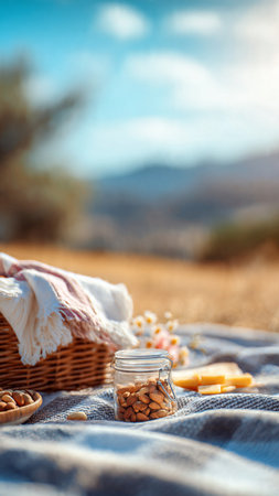 Almond nuts in a jar on a plaid in the fieldの写真素材