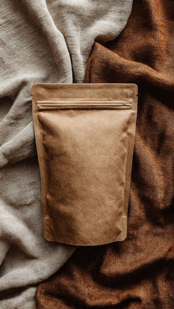 Brown paper bag on brown fabric background. Top view. Copy space.の写真素材