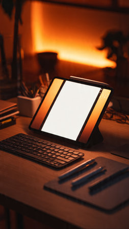 Tablet computer with blank screen on the desk in front of fireplaceの写真素材