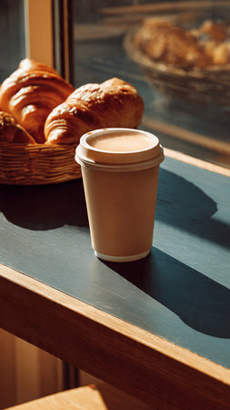 Coffee cup and croissants on wooden table in cafeの写真素材