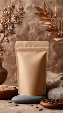 Brown paper bag with coffee beans on stone background. Eco friendly concept.の写真素材