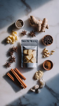 Flat lay of spices and herbsle background, top viewの写真素材