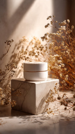 Cosmetic cream and dry flowersle pedestal. Natural organic cosmetics conceptの写真素材