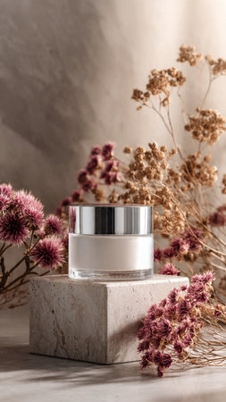 Cosmetic cream in glass jar with dry flowersle background.の写真素材