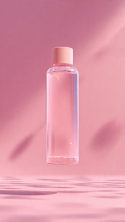 Transparent cosmetic bottle with pipette on pink background with shadow.の写真素材