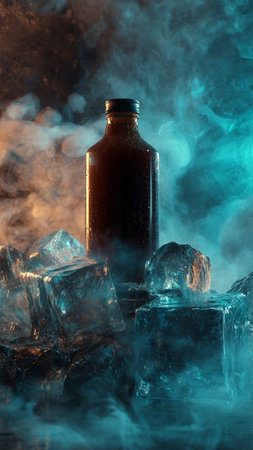 Bottle of cold drink on ice background with smoke and blue lightの写真素材