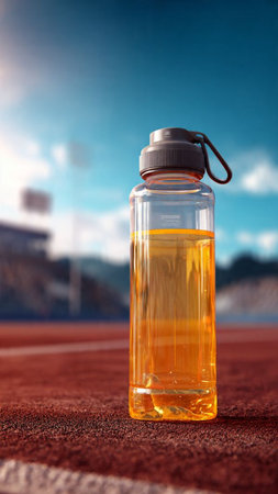 Sports water bottle on the running track. Sports and healthy lifestyle concept.の写真素材
