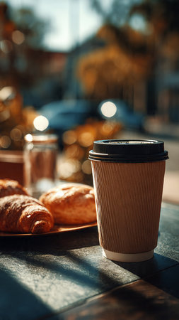 Coffee cup and croissants on table in cafe.の写真素材
