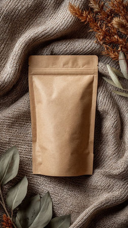 Brown paper bag on knitted background with eucalyptus leaves.の写真素材