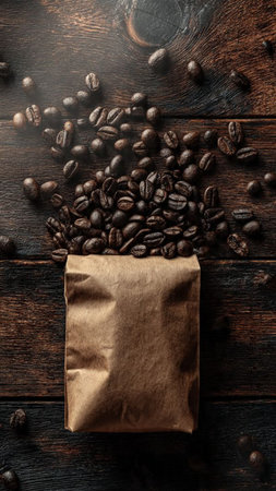 Coffee beans in a paper bag on a dark wooden backgroundの写真素材
