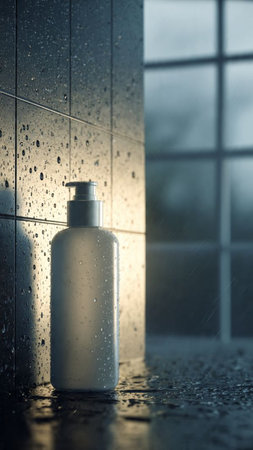 Cosmetic bottle with dew drops on the tile wall in the bathroomの写真素材