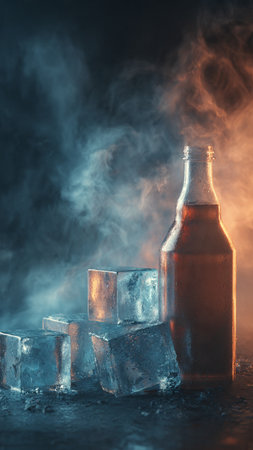 bottle of beer and ice cubes on black background with smoke and fogの写真素材