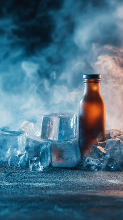 Bottle of cold beer with ice cubes and smoke on dark backgroundの写真素材
