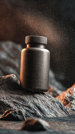 Bottle with a powder explosion on a dark backgroundの写真素材