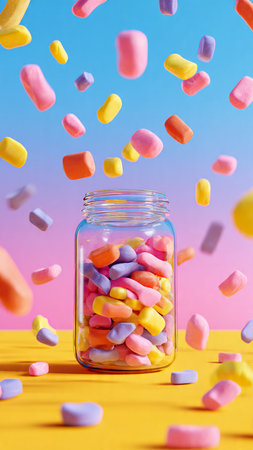 Colorful candies falling into jar on color background. Concept of sweetsの写真素材