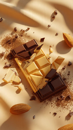 Pieces of delicious chocolate with nuts and cocoa powder on color backgroundの写真素材