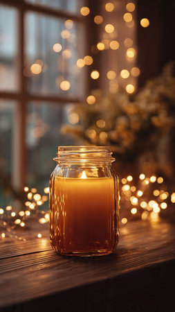 Burning candle in glass jar on wooden table against blurred Christmas lightsの写真素材